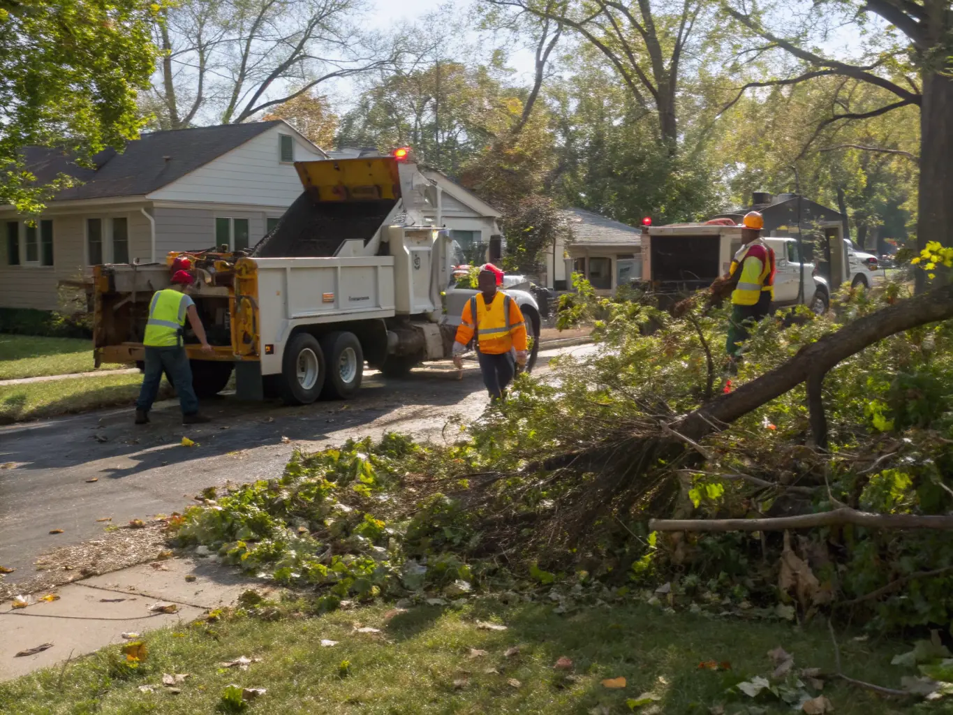 A grapple skid steer lifting and moving large logs and storm debris from a construction site, with workers in safety vests nearby, illustrating efficient debris removal and site preparation.