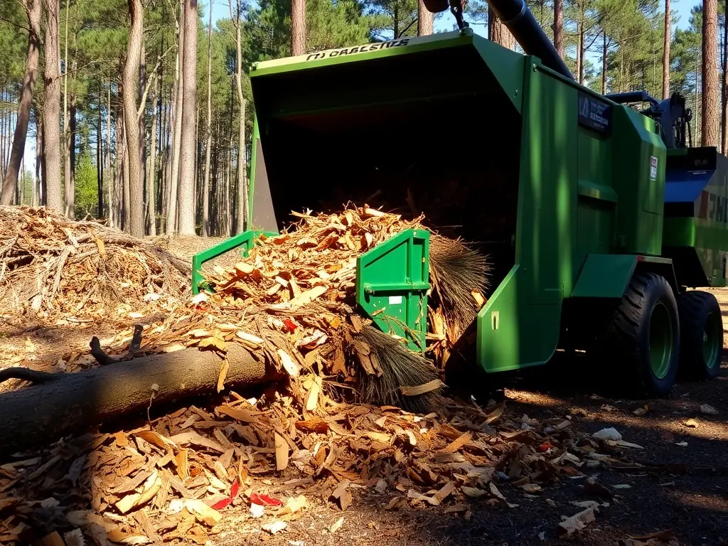 A heavy-duty forestry mulcher grinding overgrown vegetation into mulch on a wooded lot, with visible mulch spread evenly on the ground, showcasing eco-friendly land management in a North Dakota setting.