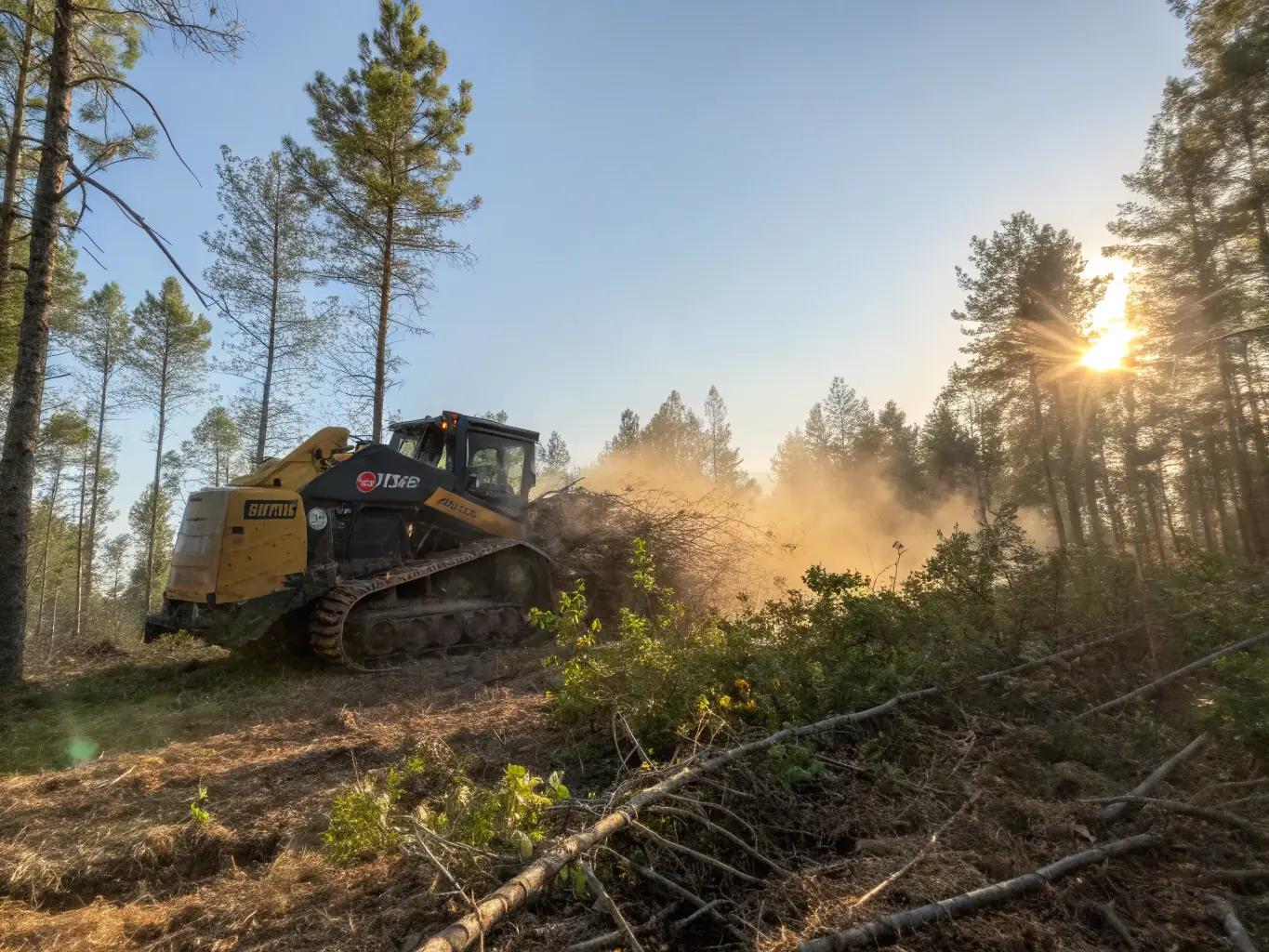 A powerful skid steer with a forestry mulcher attachment clearing dense brush and small trees on a rural property, with open land and blue sky in the background, representing professional land clearing in Fargo, ND.